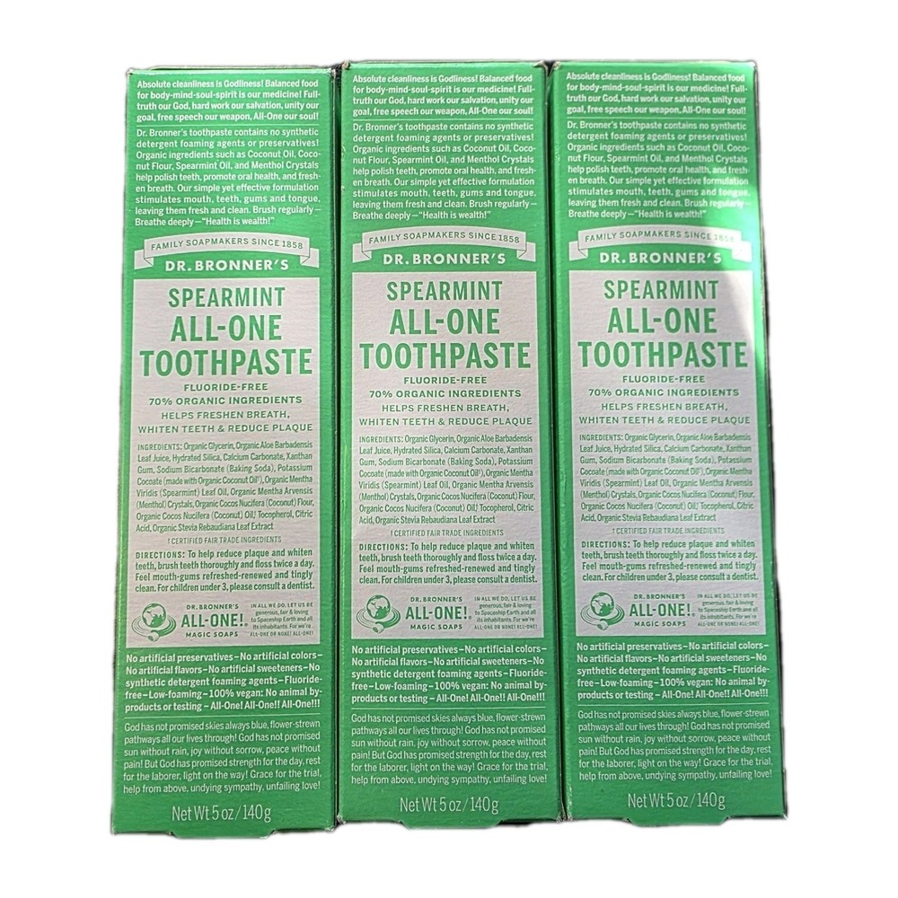 Dr. Bronner's Spearmint All-One Toothpaste Fluoride-Free‎ 5oz 3-Pack Organic
